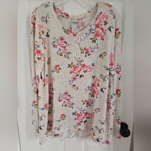 Floral Long Sleeve Lightweight Sweater - Cream and Pink, Cottagecore Print, XL